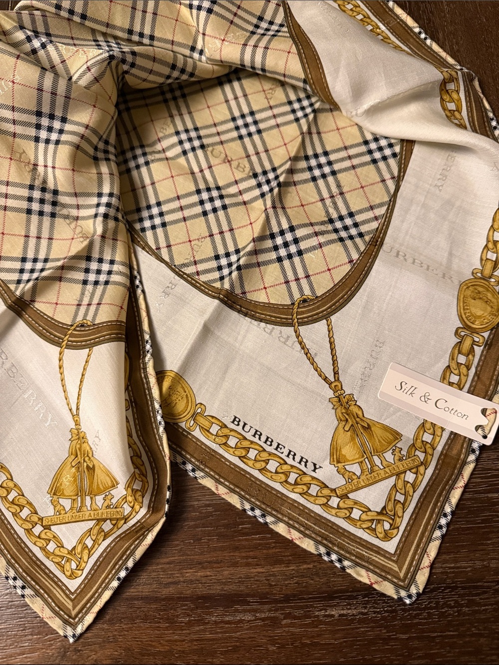 NWT BURBERRY SILK Cotton Jacquard 
Scarf 22.5” IVORY TAN GOLD Black Red print